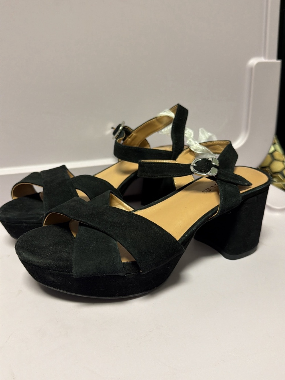 AEROSOLES Black Suede Crisscross Block Heel Sandals